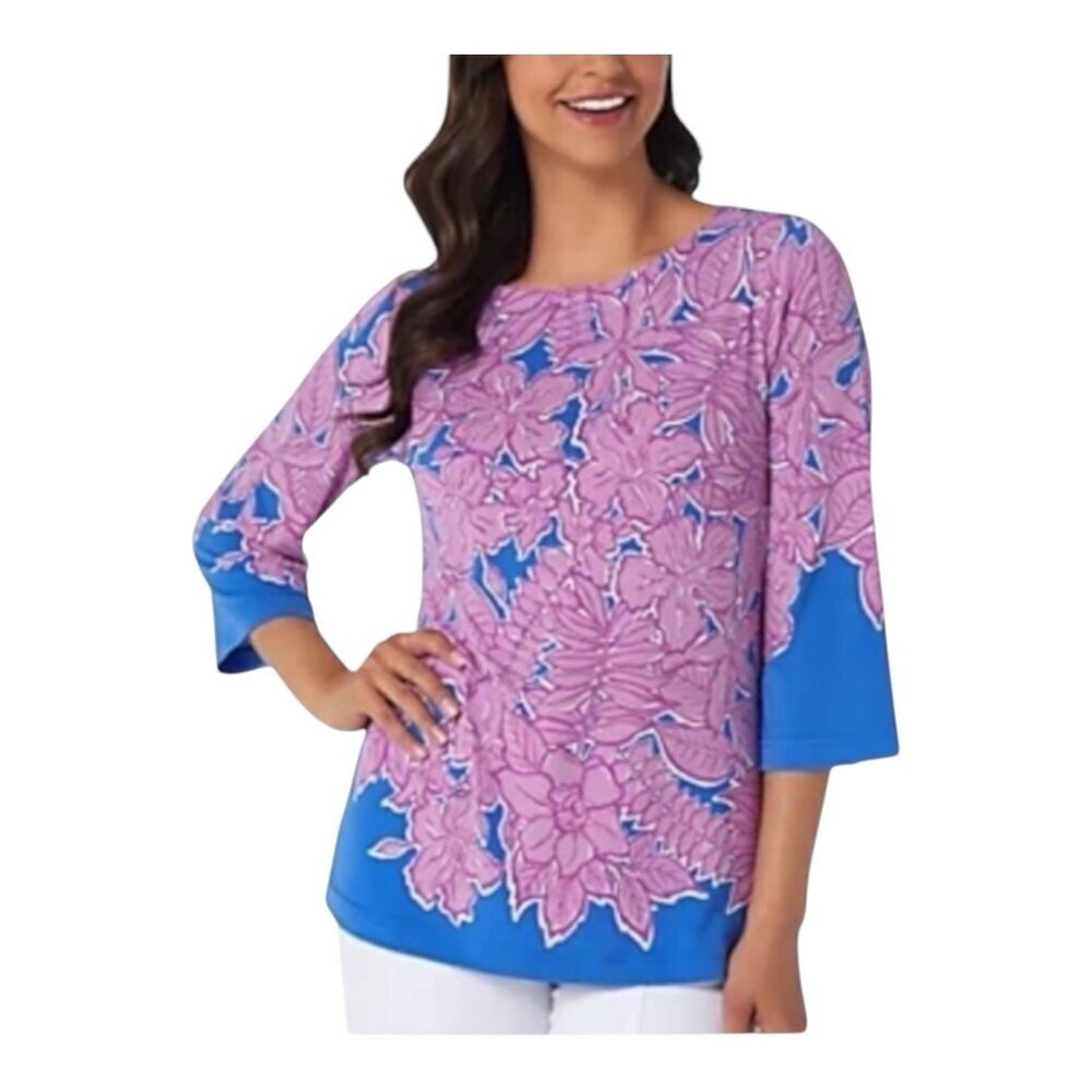 Bob Mackie Botanical Print Knit Top Small Orchid Floral Tunic Long Sleeve